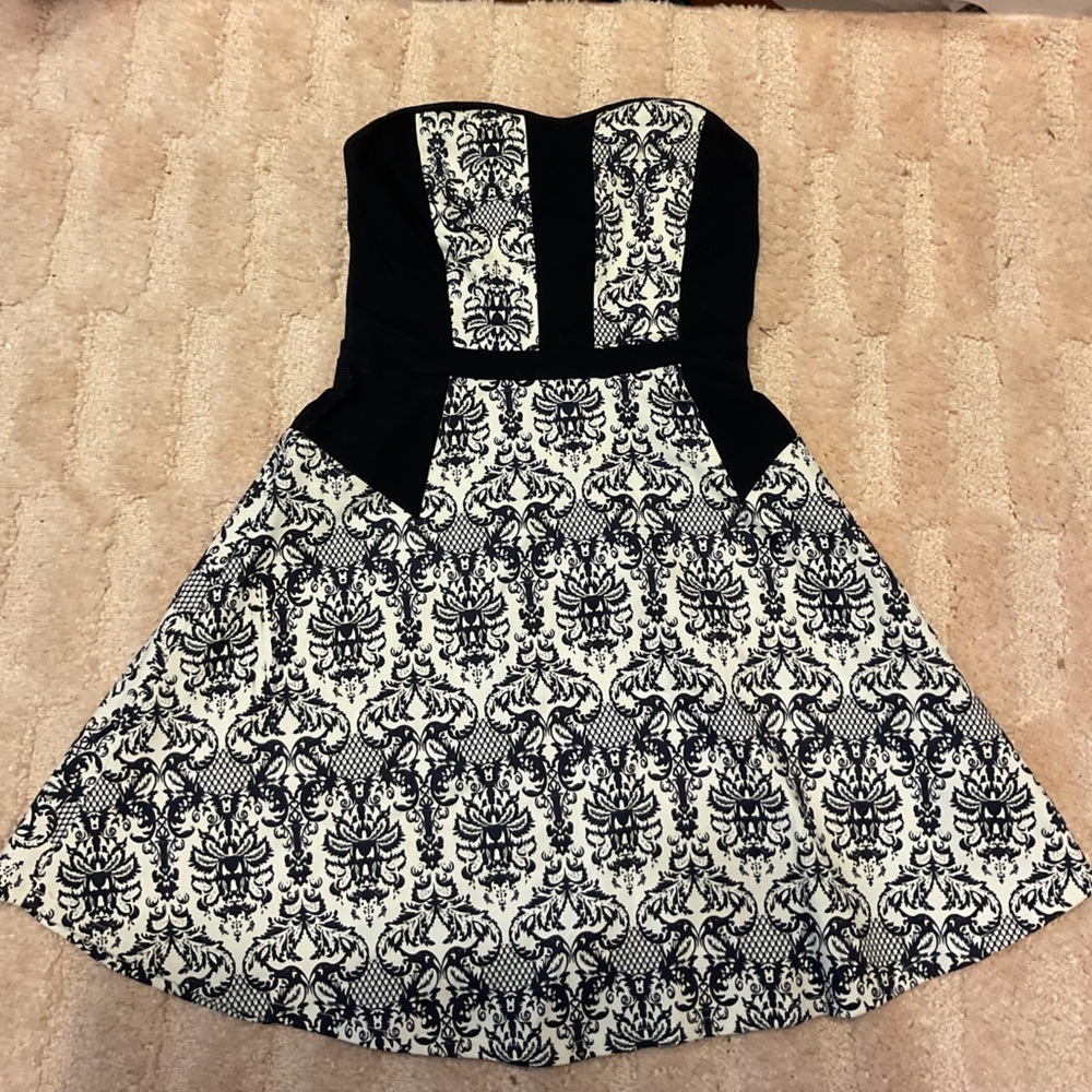 fab'rik Navy and White Patterned Dress with Orange Accents